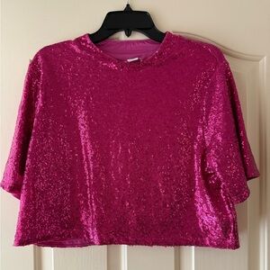 H&M Pink Sequin Cropped Short Sleeve Top
